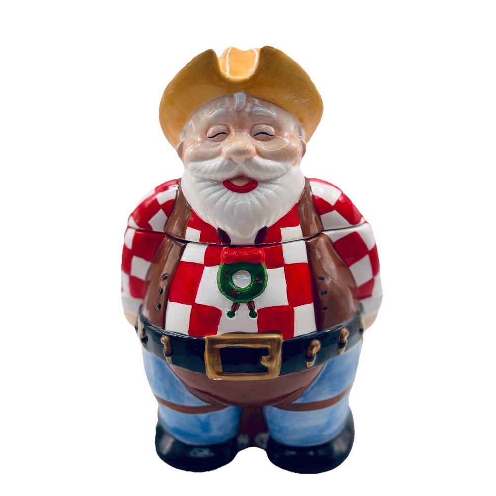 Christmas Musical Cookie Jar Cowboy Santa Claus Plays Jingle Bells Holiday Decor